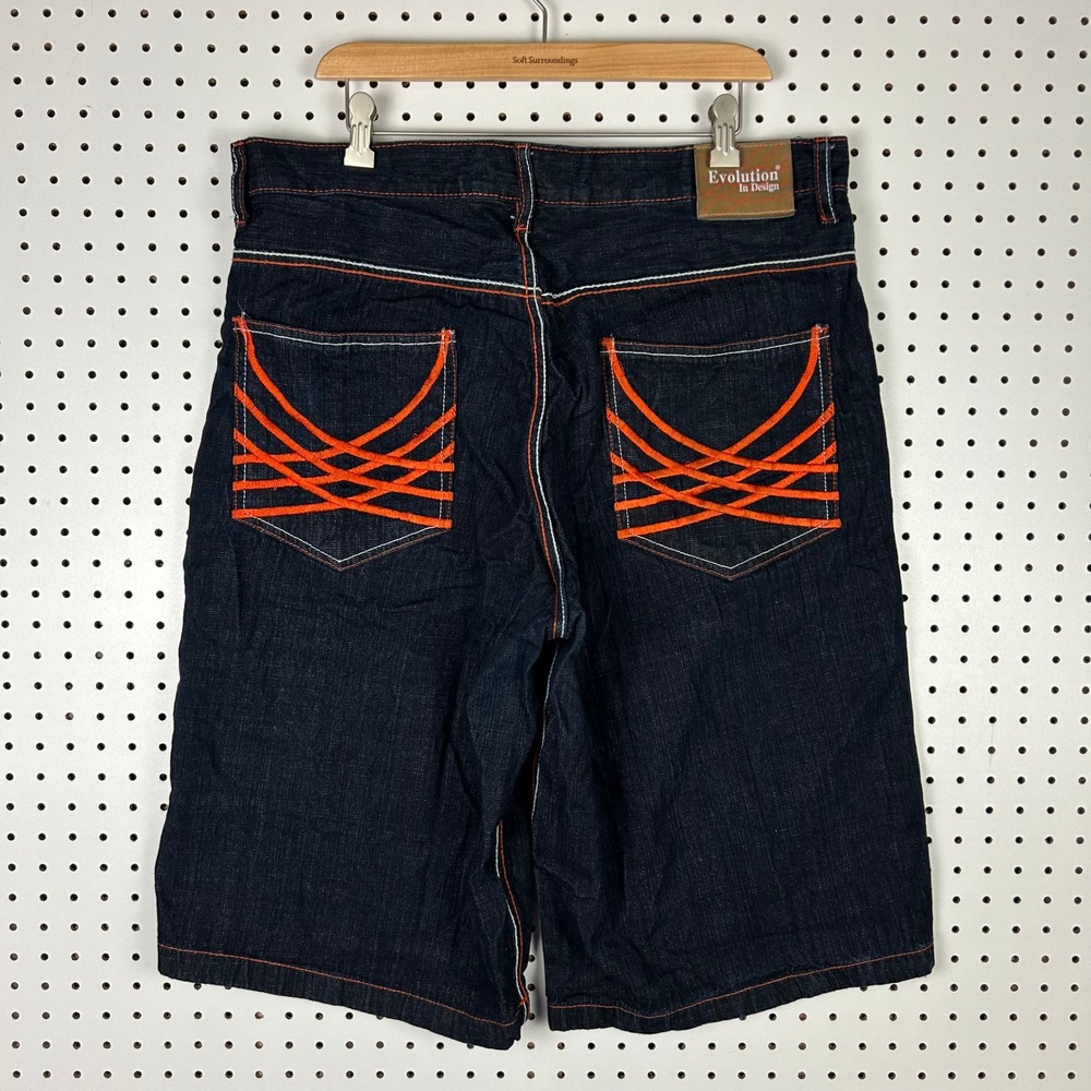 Evolution In Design Denim Shorts 38 Men Dark Wash Y2K Streetwear Orange Stitched